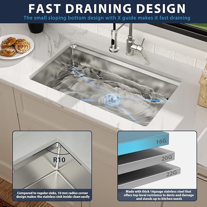 30 Inch Undermount Kitchen Sink -30x19 Undermount Ledge Workstation Sinks 16 Gauge T304 Stainless Steel Single Bowl Under Counter Kitchen Sinks Basin