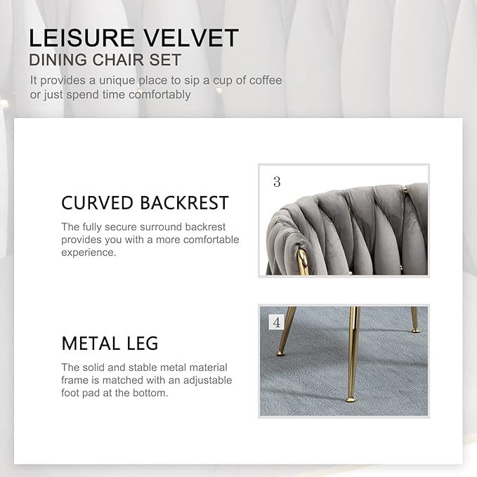 Nrizc Velvet Dining Chairs Set of 4, Woven Upholstered Dining Chairs with Gold Metal Legs, Modern Accent Chairs for Living Room, Dining Room, Kitchen (Grey)