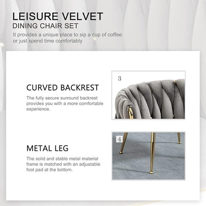 Nrizc Woven Dining Chairs Set of 2, Velvet Upholstered Dining Chairs with Gold Metal Legs, Modern Accent Chairs for Living Room, Dining Room, Kitchen (Grey)
