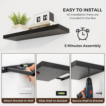 Dreamland 36 Inch Long Floating Shelves in Black,8 Inch Deep Floating Shelf for Wall,Large Display & Storage Shelf, Wall Shelf for Bathroom Bedroom Living Room Kitchen Office，Set of 2