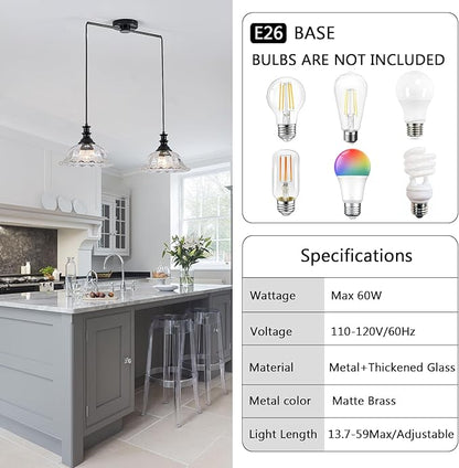 HDDFL 2 Light Pendant Light Fixtures Modern Glass Hanging Lights with Adjustable Cord for Kitchen Island Dining Room Living Room Hallway Black Metal