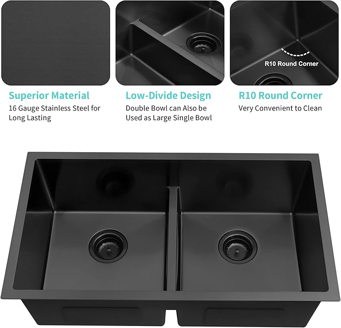 32 inch Double Bowl Kitchen Sink,Black Undermount Kitchen Sink 32 X 18 inch,16 Gauge Stainless Steel Undermount Sinks,Special Low-Divide Design