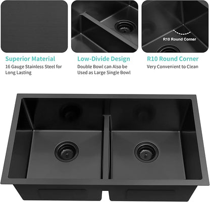 32 inch Double Bowl Kitchen Sink,Black Undermount Kitchen Sink 32 X 18 inch,16 Gauge Stainless Steel Undermount Sinks,Special Low-Divide Design