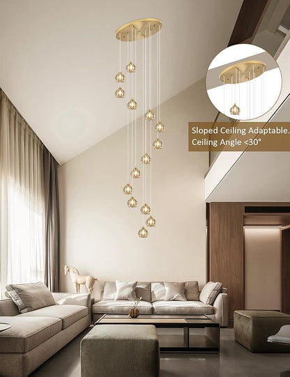 Weesalife Crystal Chandeliers for Staircases, 14-Light Gold Modern Chandeliers for High Ceilings，Crystal Pendant Light Fixture for Living Room Kitchen Island Foyer Hallway Bar