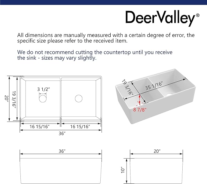 DeerValley Double Bowl Workstation Kitchen Sink 36 inch, Reversible Fireclay Deep Farmhouse Apron Front Kitchen Sinks, White Undermount Farm Sink with Ledge and Accessories