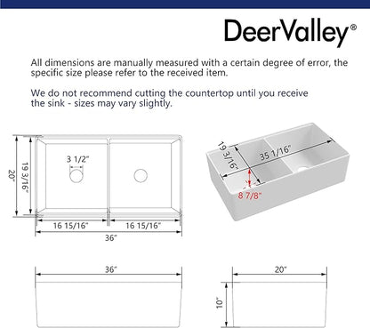 DeerValley Double Bowl Workstation Kitchen Sink 36 inch, Reversible Fireclay Deep Farmhouse Apron Front Kitchen Sinks, White Undermount Farm Sink with Ledge and Accessories