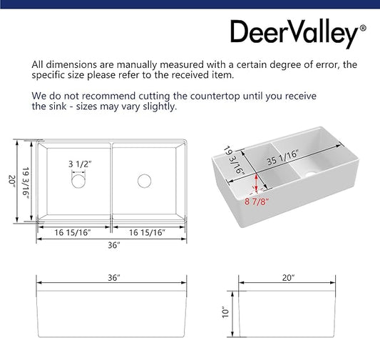 DeerValley Double Bowl Workstation Kitchen Sink 36 inch, Reversible Fireclay Deep Farmhouse Apron Front Kitchen Sinks, White Undermount Farm Sink with Ledge and Accessories