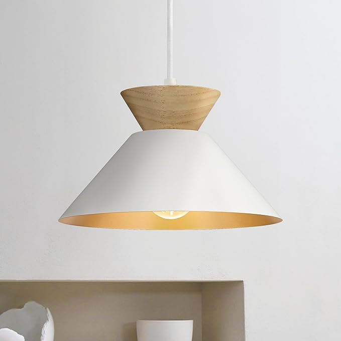 ELYONA Modern Pendant Light Fixtures 10" Solid Wood Hanging Lamp Nordic White Metal & Gold Inner Finish Boho Pendant Light for Farmhouse Kitchen Island Dining Room Bedroom Living Room Hallway