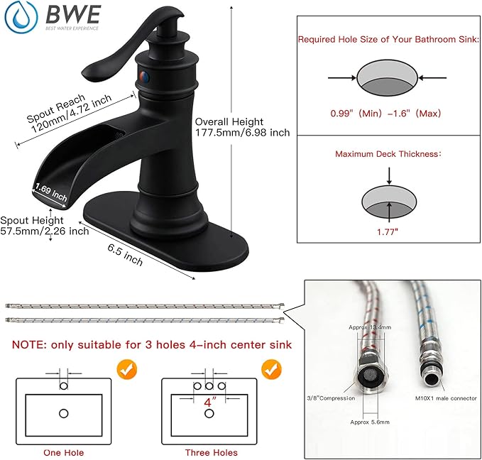 BWE Matte Black Waterfall Bathroom Faucet, Single Handle One Hole Sink Faucet for Farmhouse Bathroom Vanity Basin, Antique Finish Solid Brass Construction