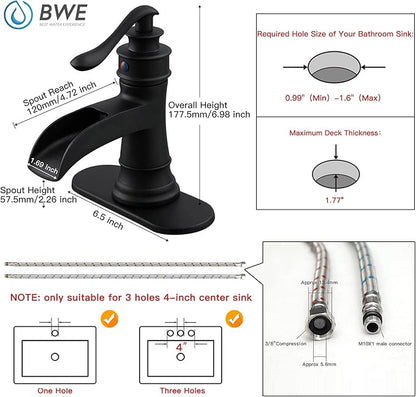 BWE Matte Black Waterfall Bathroom Faucet, Single Handle One Hole Sink Faucet for Farmhouse Bathroom Vanity Basin, Antique Finish Solid Brass Construction