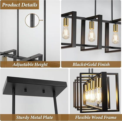 4-Light Dining Room Light Fixture, 53’’ Farmhouse Wood Chandelier Kitchen Island Lighting Over Table, Modern Black Gold Rectangular Hanging Pendant Light Fixture for Living Room, E26 Sockets