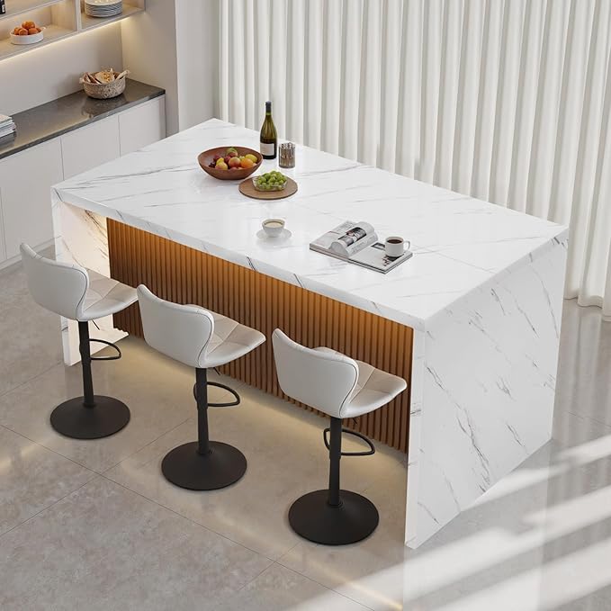 67" Large Modern Rectangle Dining Table for 4-6 People, Imitation Marble Island Table with LED Lights for Kitchen,Dining Room, Bar, Office, Living Room