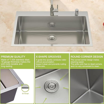 33x22 Drop In Kitchen Sink - 33 Inch Stainless Steel Sinks Topmount 18 Gauge 304 Single Bowl Kitchen Sink 9" Deep Basin with Drain Assembly