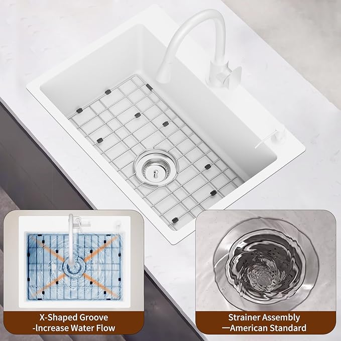 White 25x18 Inch Kitchen&Bar Sink- Stainless Steel Drop In Single Bowl Topmount Kitchen And Bar Sink With Sink Grid And Drain Assembly Bright White Bar Sink Enhance Aesthetic Appeal Of Modern Kitchen