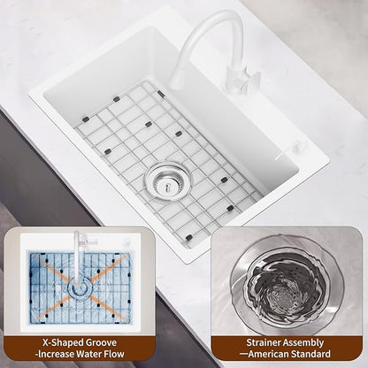 White 25x18 Inch Kitchen&Bar Sink- Stainless Steel Drop In Single Bowl Topmount Kitchen And Bar Sink With Sink Grid And Drain Assembly Bright White Bar Sink Enhance Aesthetic Appeal Of Modern Kitchen