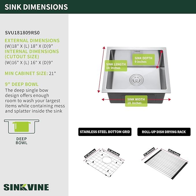 18-Inch Undermount Kitchen Bar Sink, SINKVINE Stainless Steel Indoor and Outdoor Sink for Laundry RV, 9-inch Deep Single Bowl with 3.5-inch Drain Strainer, Bottom Rise Grid, Roll-up Drying Unit, 18x18