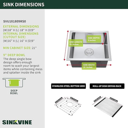 18-Inch Undermount Kitchen Bar Sink, SINKVINE Stainless Steel Indoor and Outdoor Sink for Laundry RV, 9-inch Deep Single Bowl with 3.5-inch Drain Strainer, Bottom Rise Grid, Roll-up Drying Unit, 18x18