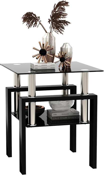 Glass End Table, Glass Side Table with Tempered Glass Top & Metal Legs, Living Room Table Modern Tea Table Side Tables 2-Layer for Living Room Bedroom