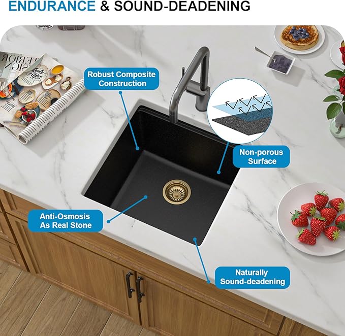 18 Black Undermount Bar Sink- 18''x18'' Black Wet Bar Prep Sink Under Counter Granite Composite Quartz Small Workstation Sinks Natural Stone Single Bowl