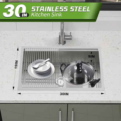 Kitchen Sink Workstation, 30x19 Inch Stainless Steel Drop In Kitchen Sink Modern Undermount Single Bowl Kitchen Sink Gift Combo-SS Grid,Drying Rack,Cutting Board,Utensil Rest, Drain Strainer Set
