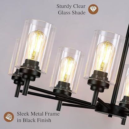 Sucolite 33.5'' 8-Light Chandelier for Dining Room Kitchen Island, Modern Farmhouse Pendant Lighting with Glass Shades Industrial Black Hanging Ceiling Light Fixture for Living Room, Height Adjustable