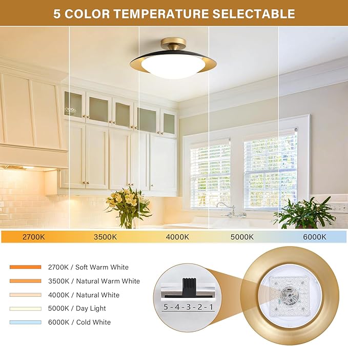 Dimmable Modern Mid-Century Ceiling Light, Black and Gold LED Semi Flush Mount Ceiling Light, 5CCT 2700K-6000K Lighting Fixture Ceiling Lamp with Glass Shade for Bedroom Kitchen Living Room, 15.7in