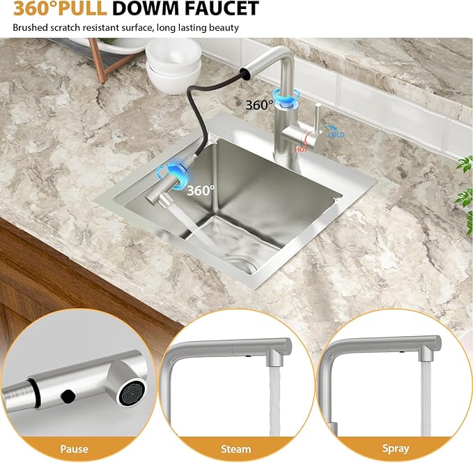 Mocoloo 15 Inch Bar Sink with Faucet, 16 Gauge Drop in Workstation Sink - 15x15x9" Stainless Steel Single Bowl Small Rv Kitchen Sink with Pull-Out Faucet