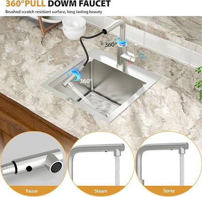 Mocoloo 15 Inch Bar Sink with Faucet, 16 Gauge Drop in Workstation Sink - 15x15x9" Stainless Steel Single Bowl Small Rv Kitchen Sink with Pull-Out Faucet