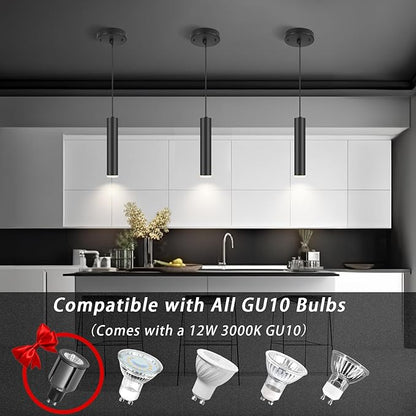 Modern Black-on-Gold Cylindrical Chandelier, 1-Light Pendant with Adjustable Cord, Matching GU10 Socket for Living Room, Bedroom and Dining Room (Wide Beam Angle) (2 Pack)