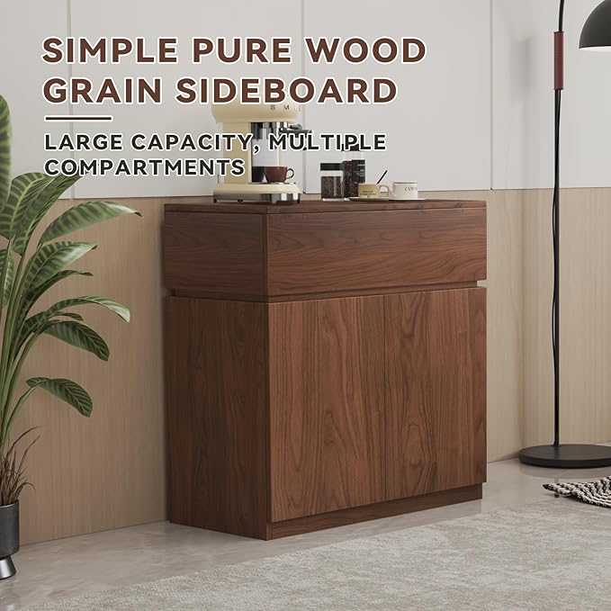 31.5"Buffet Cabinet with Drawers & Door, Modular Stackable Sideboard Coffee Bar Cabinet with Adjustable Shelves, Matte Walnut Storage Accent Credenza for Living Room Dining Room Kitchen Hallway