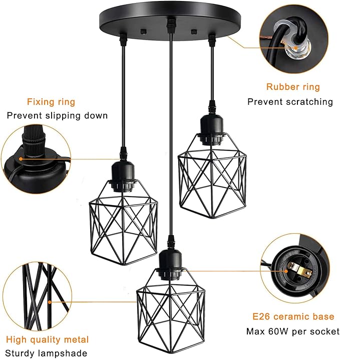 Industrial Pendant Light 3-Light,Adjustable Hanging Light Fixtures,Vintage Farmhouse Pendant Light with Metal Caged for Kitchen Dining Room Hallway,E26 Base,Black