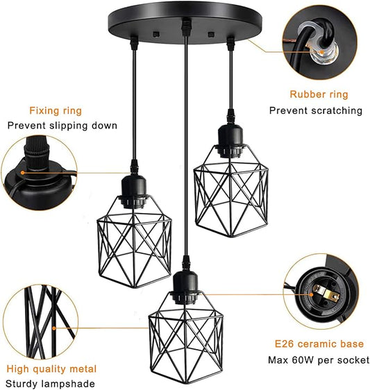 Industrial Pendant Light 3-Light,Adjustable Hanging Light Fixtures,Vintage Farmhouse Pendant Light with Metal Caged for Kitchen Dining Room Hallway,E26 Base,Black