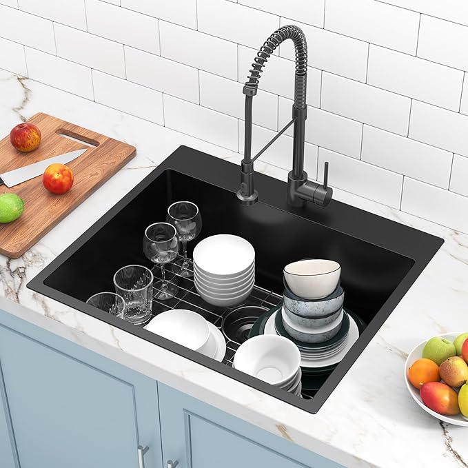 Black Kitchen Sink, 28x20 Drop-In Topmount Single Bowl, 18 Gauge T304 Stainless Steel, 9 Inch Deep, Grid & Basket Strainer