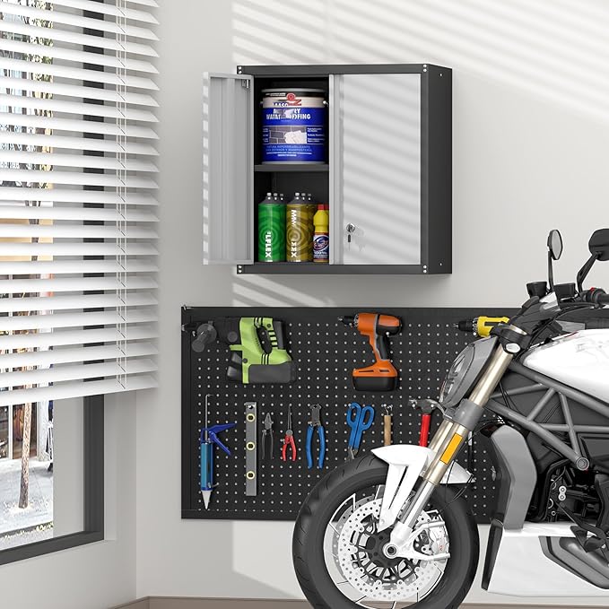 Metal Wall Mounted Garage Cabinets, Heavy Duty Steel Locking Cabinet with Doors & 2 Keys, Garage Storage Cabinet with Adjustable Floating Shelf for Shop, Utility Room, Office, Black & Grey