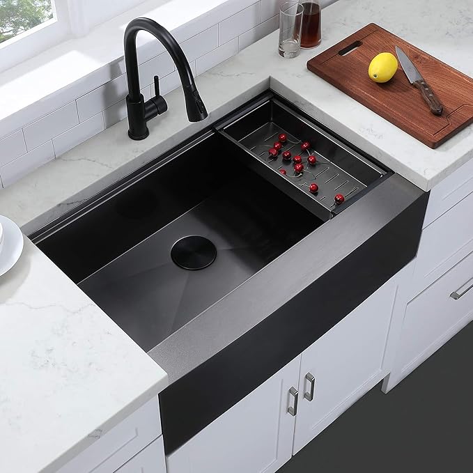 IKEBANA 33 x 22 Inch Black Farmhouse Kitchen Sink, 16 Gauge Stainless Steel Apron Front Workstation Undermount Single Bowl Sink with Accessories