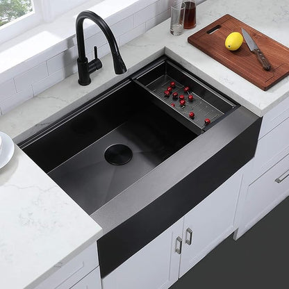 IKEBANA 33 x 22 Inch Black Farmhouse Kitchen Sink, 16 Gauge Stainless Steel Apron Front Workstation Undermount Single Bowl Sink with Accessories