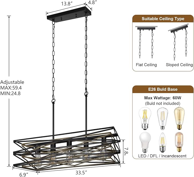 Sigaitwei 33.5''Farmhouse Dining Room Light Fixture,5-Light Kitchen Island Lighting,Industrial Chandelier for Dining Room Over Table Kitchen,Large Linear Chandelier with Retro Wood Texture Interior