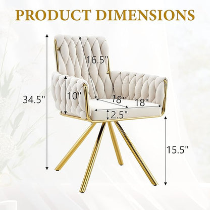 Upholstered Dining Chairs Set of 2, Hand-Woven Back Kitchen Chair, Large Gold Dining Chairs,Velvet Upholstery with Metal Legs, Modern Velvet Chair for Dining Room、Kitchen、Restaurant