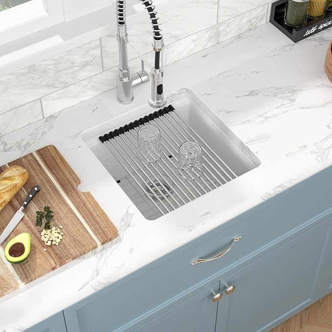 Sarlai 18 White Kitchen Sink Granite Composite - 18 x 18 inch Bar Prep Workstation Sink White Granite Composite Quartz Undermount Single Bowl Rectangular RV Camper Sinks Basin