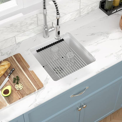 Sarlai 18 White Kitchen Sink Granite Composite - 18 x 18 inch Bar Prep Workstation Sink White Granite Composite Quartz Undermount Single Bowl Rectangular RV Camper Sinks Basin