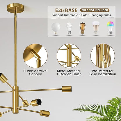 KAISITE Modern Chandelier Sputnik Ceiling Light Fixture 8-Light Gold Chandelier Dining Room Light Over Table Height Adjustable Mid Century Ceiling Hanging Chandelier for Bedroom Kitchen Foyer