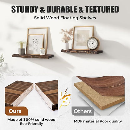 Floating Wall Shelves - 16"x6.8"x1.2" Sturdy Rustic Brown Solid Wood Shelves for Storage and Décor, Easy Installation for Living Room, Bedroom, and Kitchen - 2 Pack