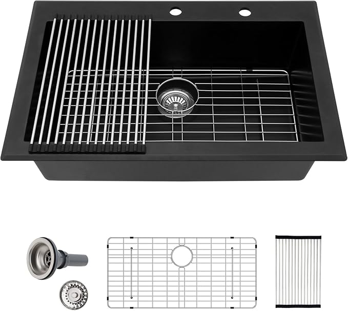 Sarlai 33 Granite Composite Kitchen Sink - 33"×22" Granite Kitchen Sink Drop In Topmount Matte Black Quartz Classic Above Counter Single Bowl Basin