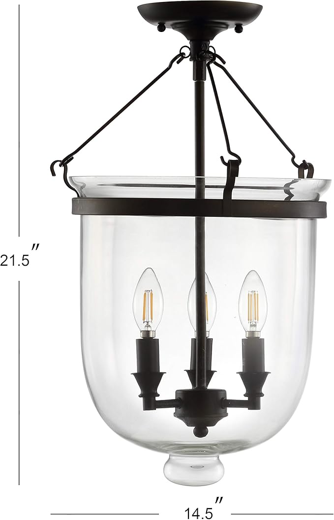 JONATHAN Y 14.5" Oil Rubbed Bronze 3-Light Iron and Glass Semi-Flush Mount, Transitional French Country Farmhouse Ceiling Light for Entryway Bedroom, LED Bulbs Included JYL9039A