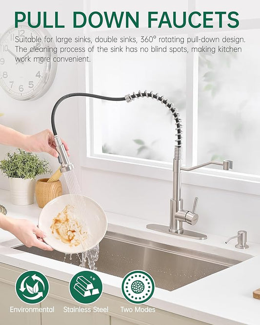 AIMADI Kitchen Faucet with Soap Dispenser and Pull Down Sprayer,Spring High Arc Design Stainless Steel Sink Faucet Single Handle 1 or 3 Hole Farmhouses,RV,Laundry,Outdoor