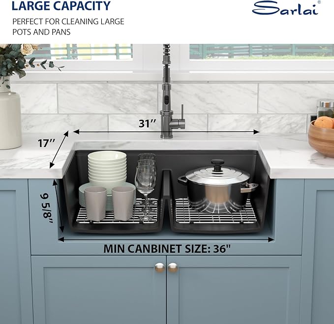 Sarlai 33 Granite Composite Kitchen Sink Double Bowl - 33"x19" Black Granite Kitchen Sink Ledge Workstation Undermount Double Bowl 50/50 Low Divide Quartz Classic Matte Black Under Counter Basin