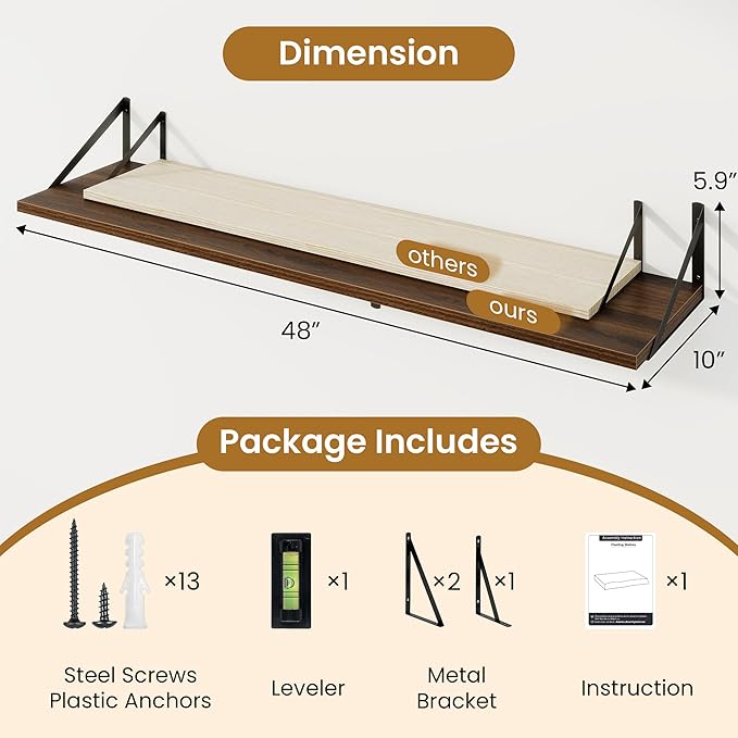 Acovy 48inch Floating Shelves for Wall,10" Deep Floating Shelves with Metal Brackets,Wall Mounted Hanging Floating Shelf,Wide Display Shelves for Living Room,Bedroom,Office,Kitchen,Walnut
