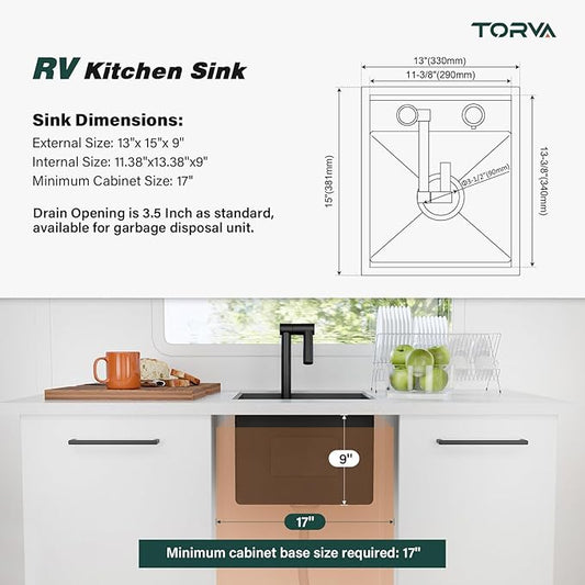 TORVA RV Kitchen Sink, 13 x 15 x 9 Inch Undermount Bar Sink Premium Stainless Steel Single Bowl Sink with Faucet,Cutting Board, Dark Grey