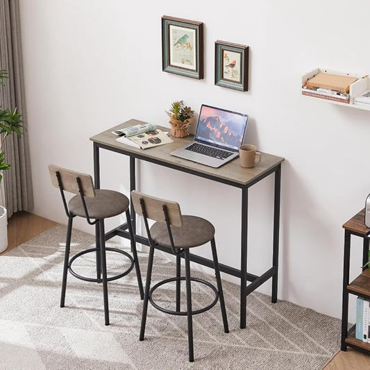 Ergonomic Bar Height Table with Comfortable Backrest Stools Set for Kitchen Island or Home Bar Use (Grey + Particle Board)