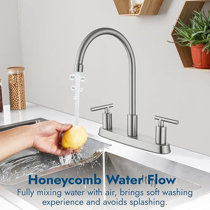 Kitchen Faucets, High Arc 360°Rotating Spout Kitchen Sink Faucet 2 Handle 8 Inch Centerset RV Kitchen Faucet with Supply Lines, 3 Hole Kitchen Faucet Without Side Sprayer, Brushed Nickel